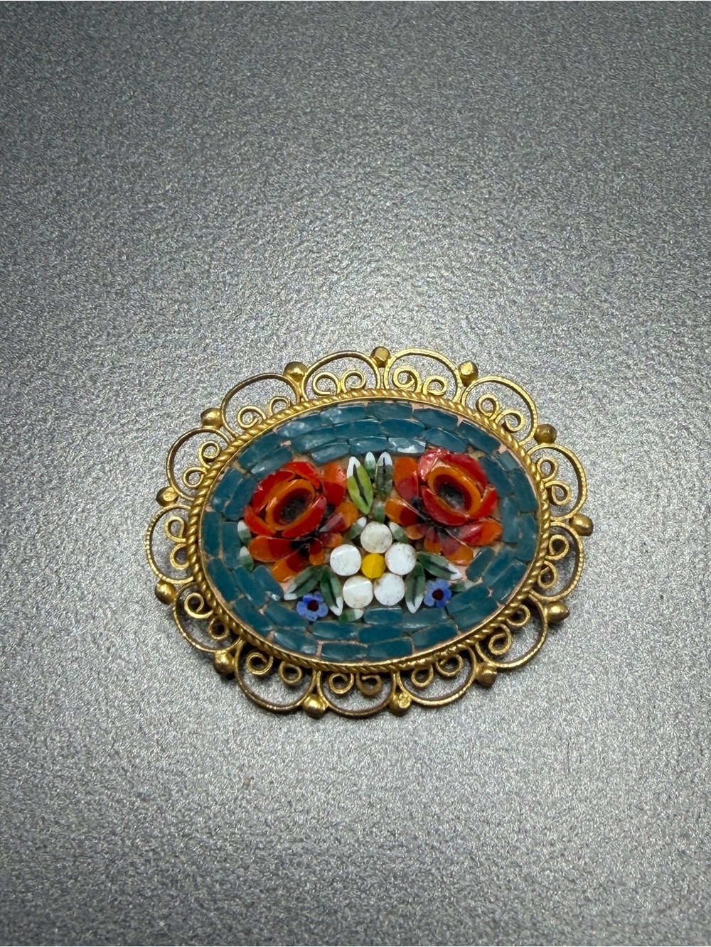 Vintage Floral Mosaic Brooch in Teal and Gold